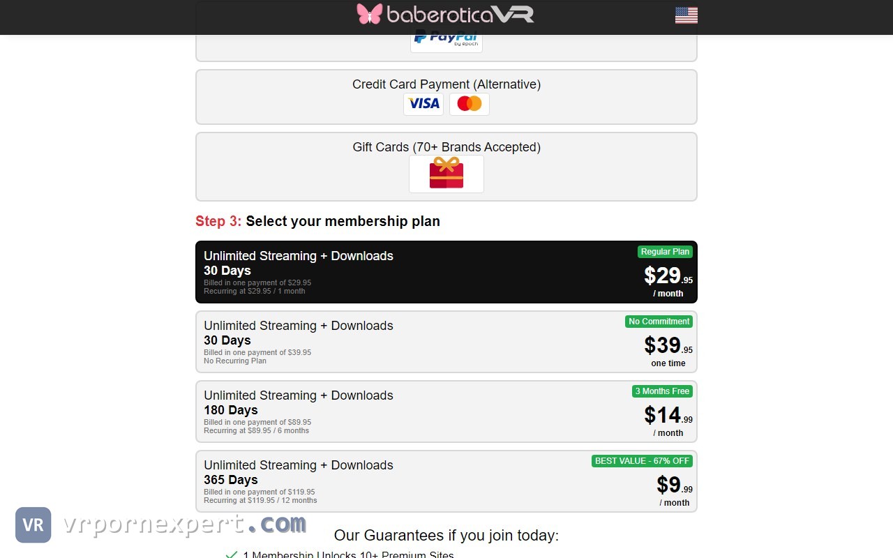 Baberotica VR checkout with payment options and the membership plan list