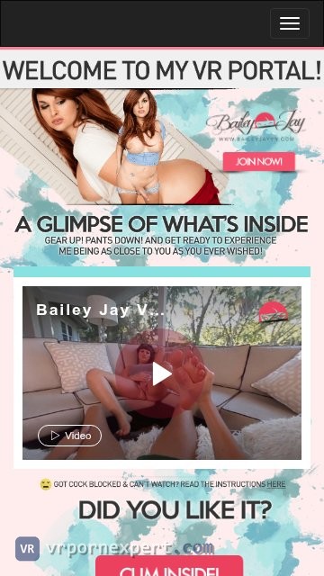 Bailey Jay VR tour on a phone with the menu button, the free trailer player and the first row of scene thumbnails