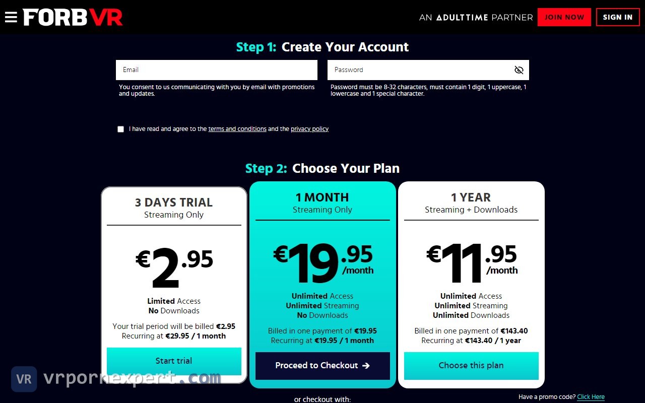 ForbVR checkout showing Adult Time membership tiers