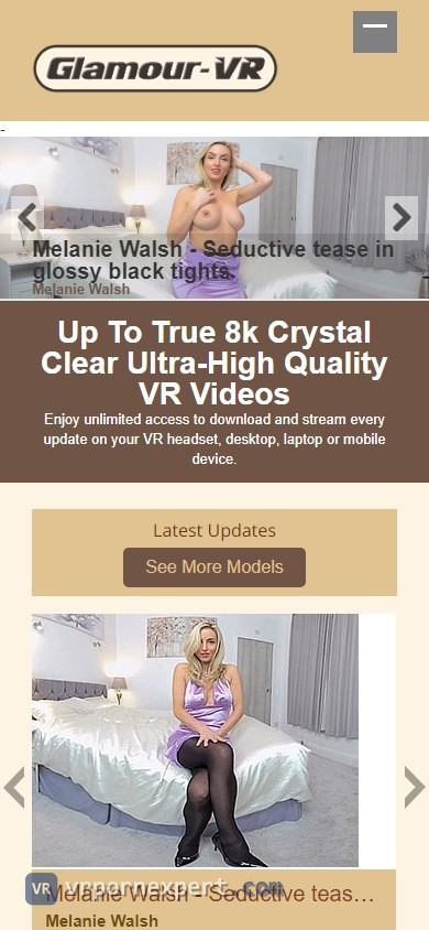 Glamour VR home page on a 390px phone with the menu button, the slider and the first scene card