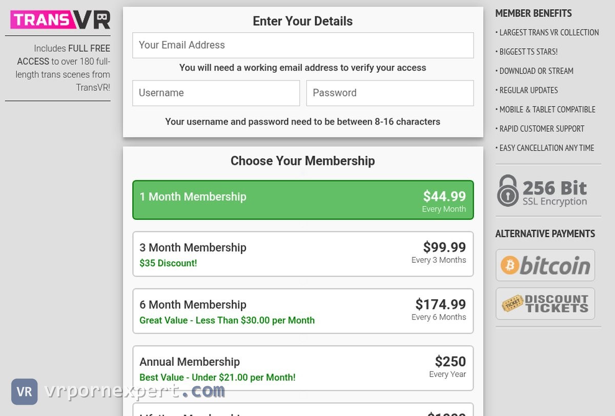 Grooby VR join page with 1 month at $44.99, 3 months at $99.99, 6 months at $174.99 and annual at $250, free TransVR access and Bitcoin as an alternative payment