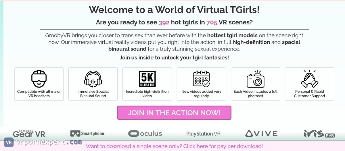 Grooby VR homepage asking if you are ready to see 392 hot tgirls in 705 VR scenes, six feature tiles including 5K Ultra HD, and headset logos for Gear VR, Oculus, PlayStation VR and Vive