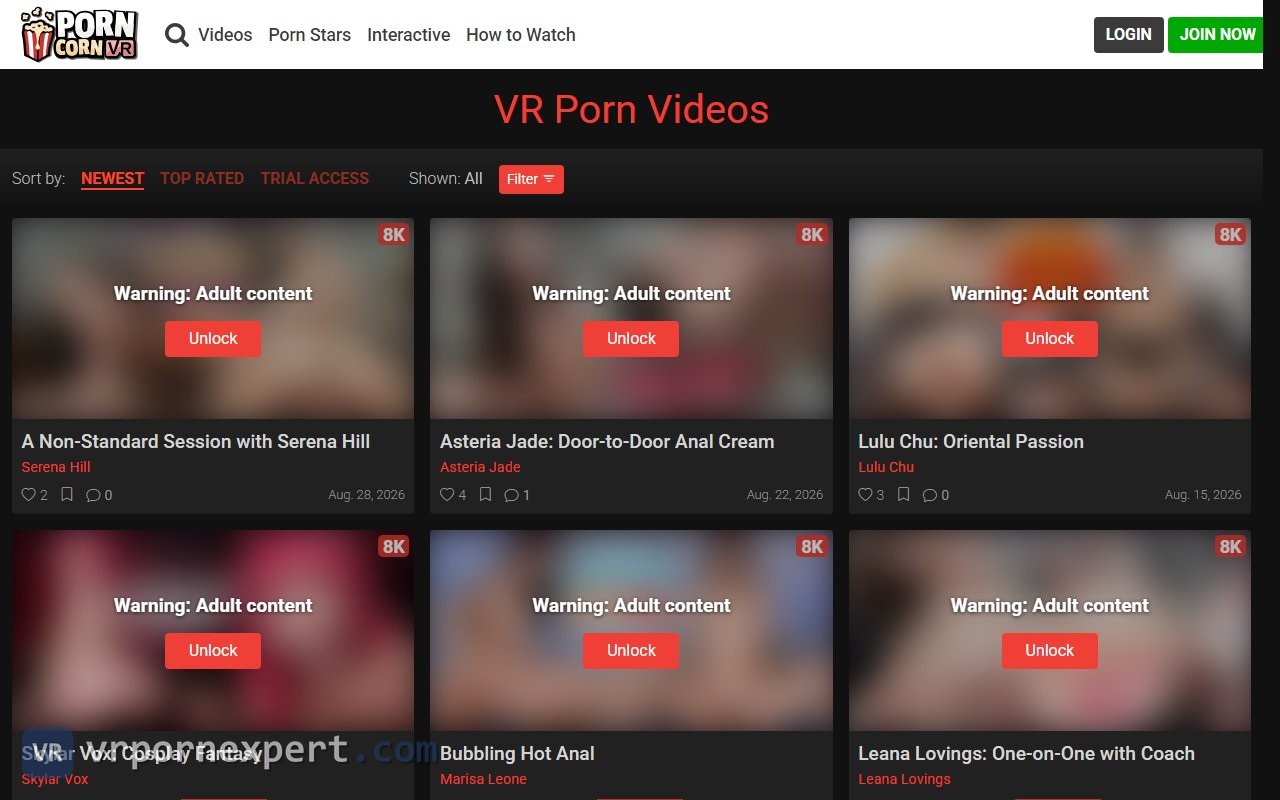 PornCornVR video listing with 8K badges, cast names and Interactive tags