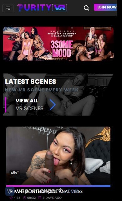 Purity VR home page on a 390px phone with the menu button, the banner and the first scene card with runtime and rating