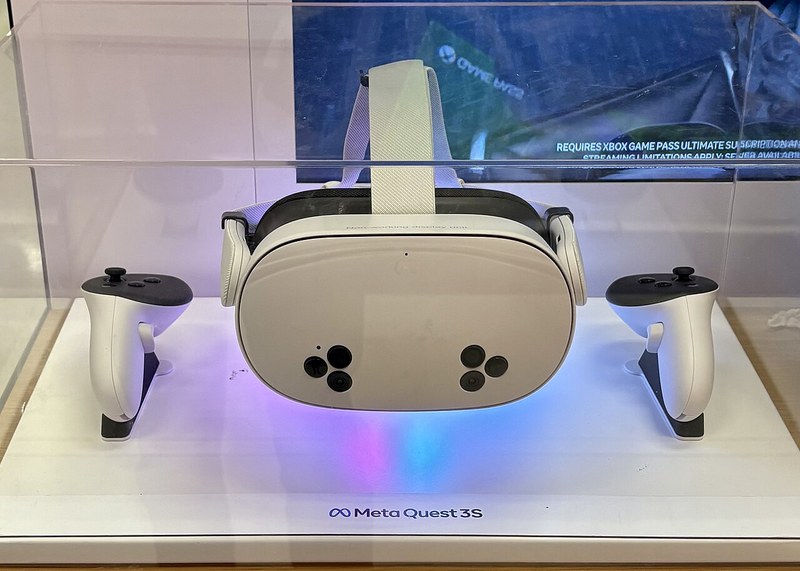 Meta Quest 3S headset and Touch Plus controllers on a retail display