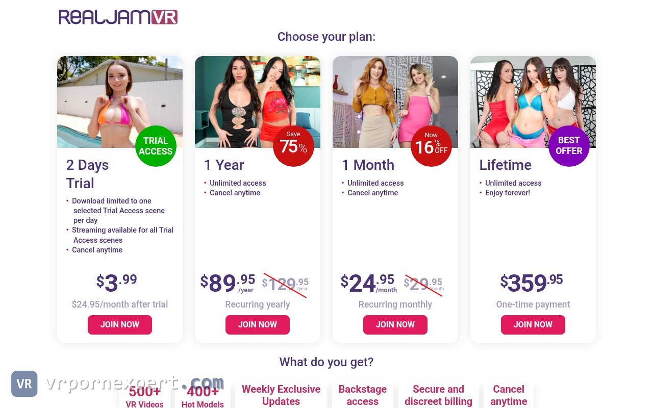 RealJamVR join page with the four plan cards and struck-through list prices