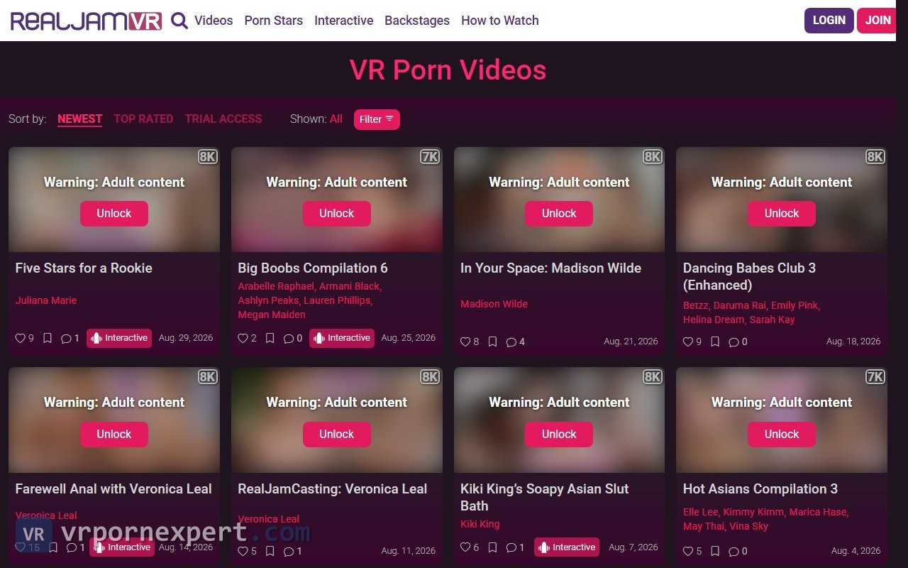 RealJamVR video listing with resolution badges, cast and Interactive tags