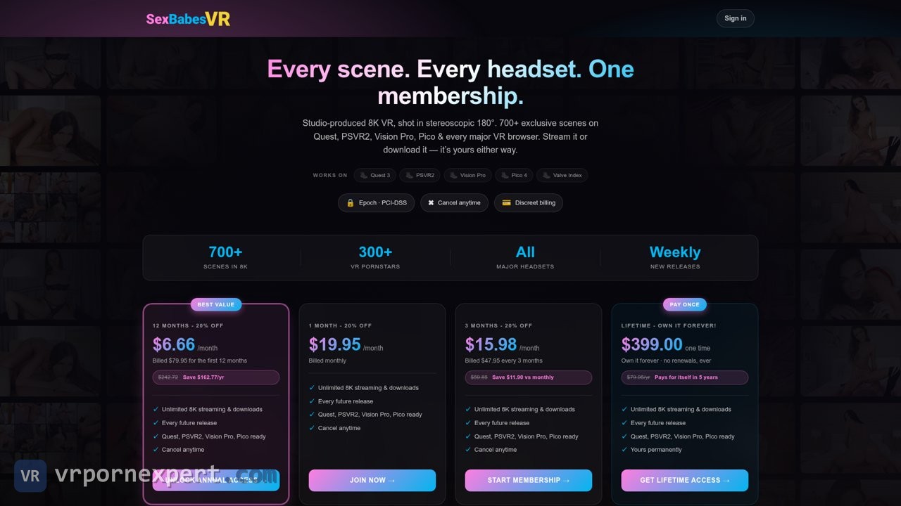 SexBabesVR join page with four plan cards and payment methods