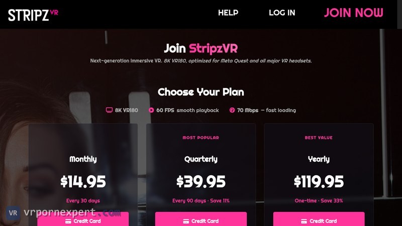 StripzVR join page with 8K VR180, 60 FPS and 70 Mbps badges and three plans: Monthly $14.95 every 30 days, Quarterly $39.95 save 11% and Yearly $119.95 one-time save 33%