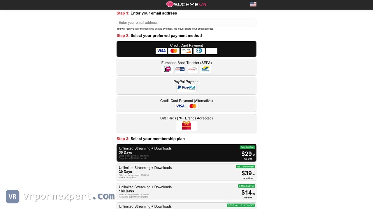 Suck Me VR checkout with payment methods and membership plans