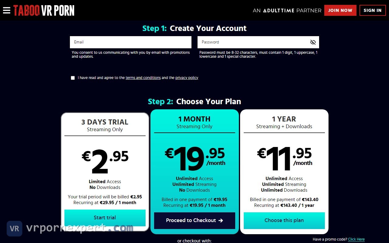 Taboo VR Porn checkout showing the Adult Time membership tiers