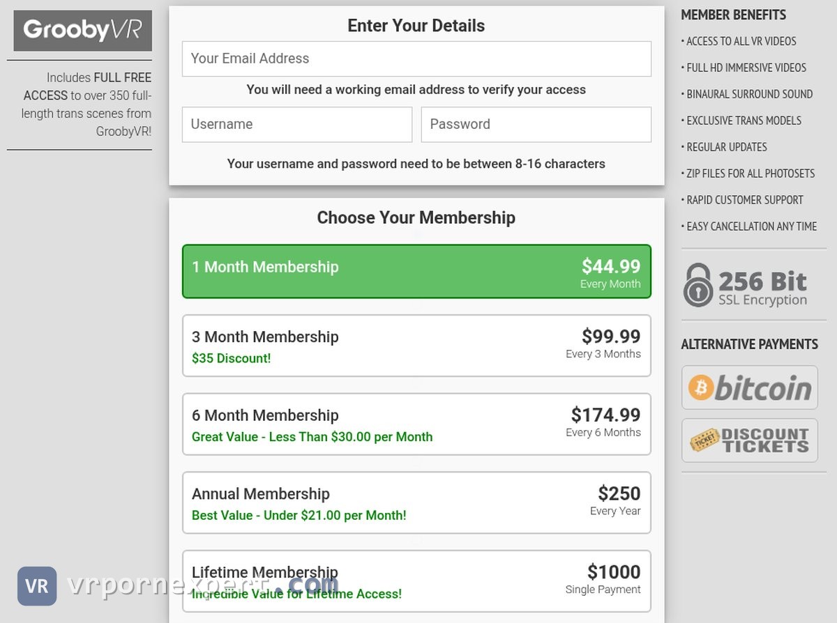 TransVR join page with 1 month at $44.99, 3 months at $99.99, 6 months at $174.99, annual at $250 and lifetime at $1000, free GroobyVR access and Bitcoin as an alternative payment