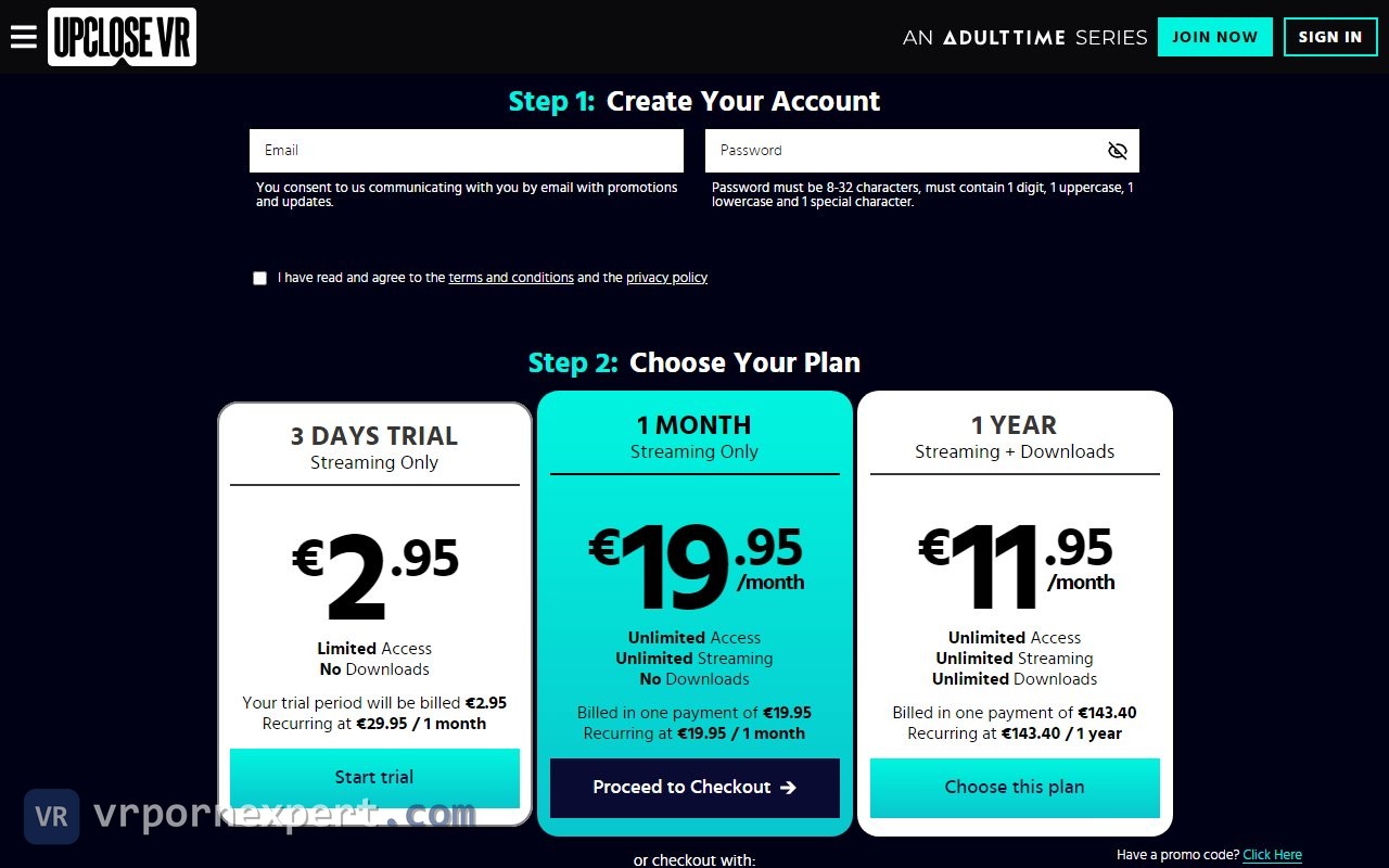 Up Close VR checkout showing Adult Time membership tiers