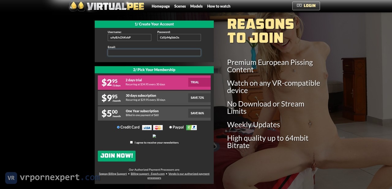 VirtualPee join page with the trial, monthly and annual plans