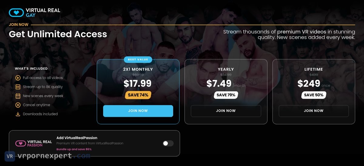 Virtual Real Gay join page with the 2X1 Monthly plan at $17.99, Yearly at $7.49 a month and Lifetime at $249 once, struck prices $69.98, $34.99 and $499, and the Add VirtualRealPassion toggle switched off