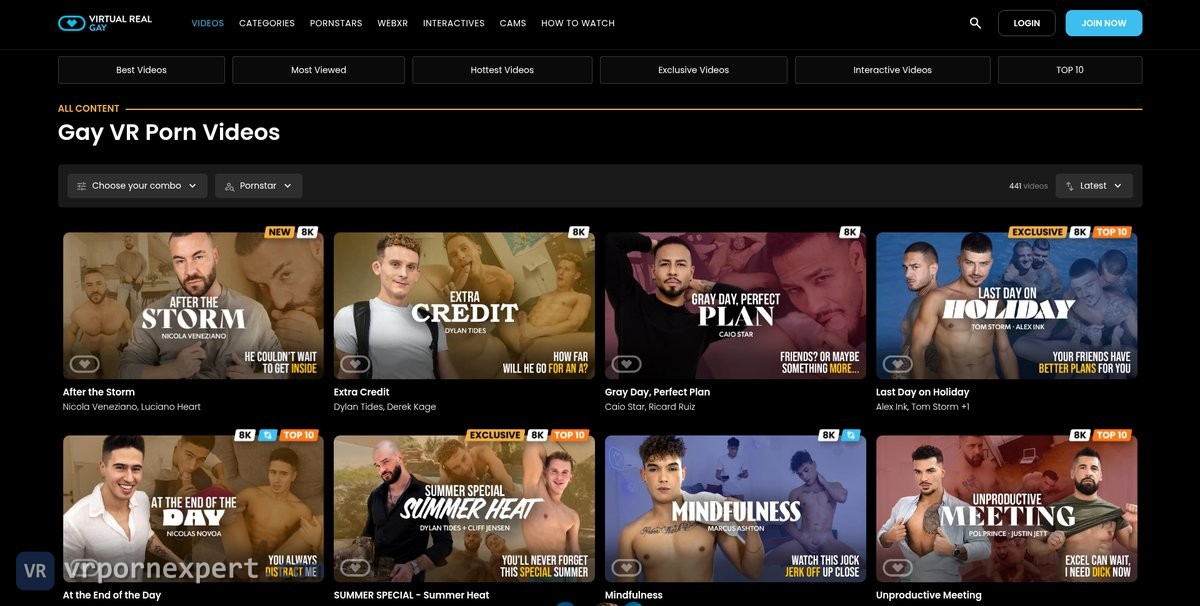 Virtual Real Gay video listing with the Choose your combo tag filter, the Pornstar filter and the Latest sort menu
