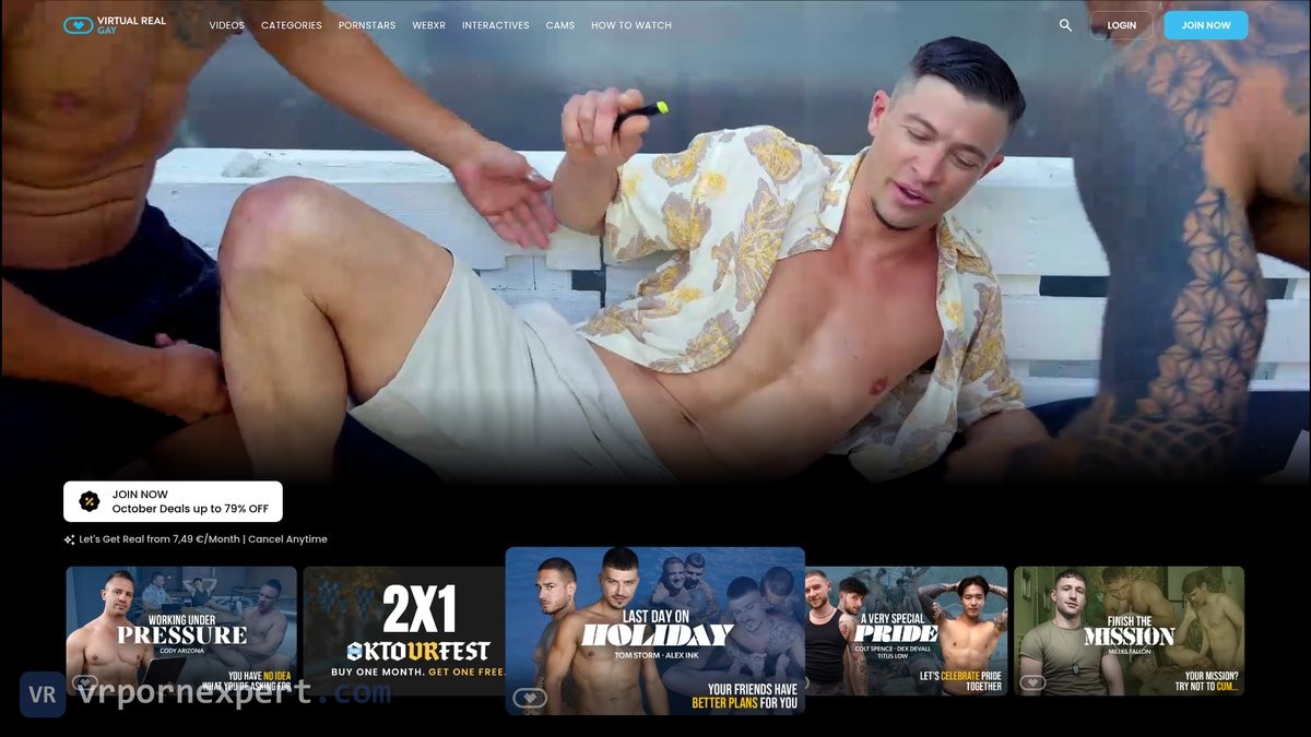 Virtual Real Gay homepage with the October deals banner, a 2x1 Oktoberfest tile and the main menu with WebXR, Interactives and Cams