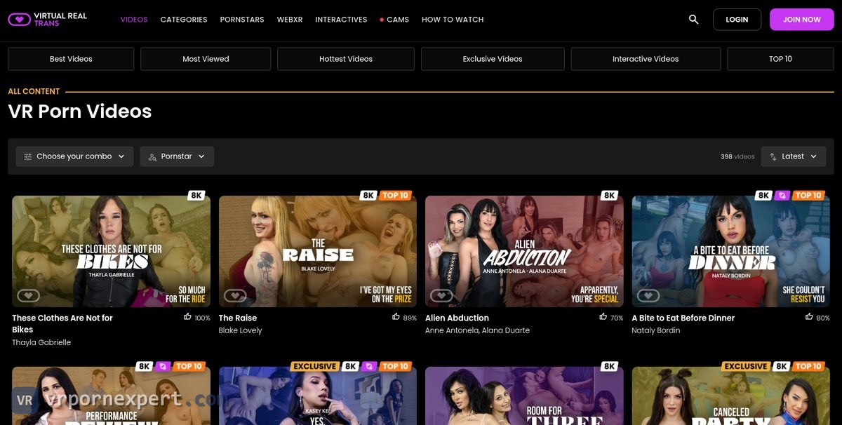 Virtual Real Trans video listing with the Choose your combo and Pornstar filters, 398 videos sorted by Latest and 8K badges on every card