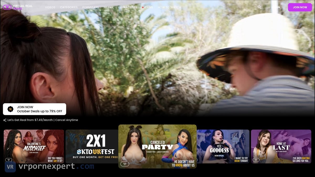 Virtual Real Trans homepage with the October deals banner from $7.49 a month, a 2X1 Oktovrfest tile and the main menu with WebXR, Interactives and Cams