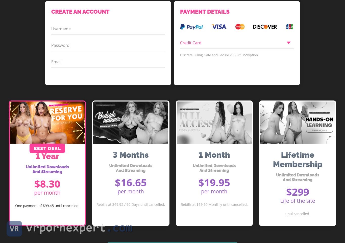 VR Hush plan page with 1 Year at $8.30 a month, 3 Months, 1 Month and Lifetime at $299, plus card, crypto, PayPal, Maestro and gift card options