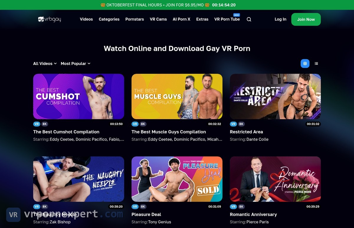 VRB Gay video listing with the All Videos and Most Popular menus, two compilations first and an 8K badge with the runtime on each card