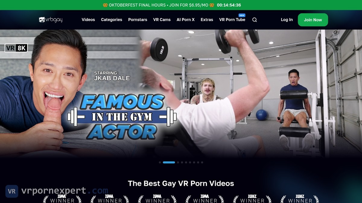 VRB Gay homepage with the Oktoberfest final hours banner at $6.95 a month, the main menu with VR Cams, AI Porn X, Extras and VR Porn Tube, and an 8K scene in the slider