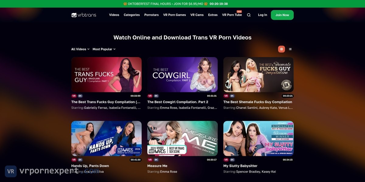 VRB Trans video listing with the All Videos and Most Popular menus, three compilations first and an 8K or 6K badge with the runtime on each card