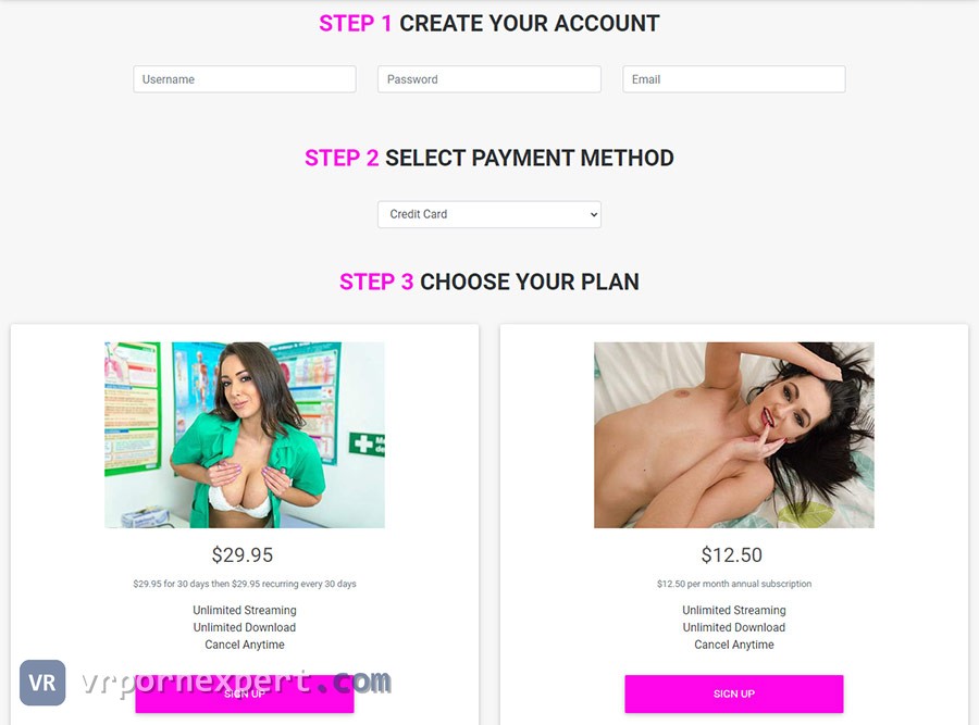 Wank It Now VR checkout with payment methods and the 30 day and annual plans