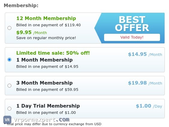 Wet VR join page plans on 14 October 2026: 12 months at $119.40 shown as $9.95 a month, 1 month at $14.95, 3 months at $59.95 and a 1 day trial at $1.00