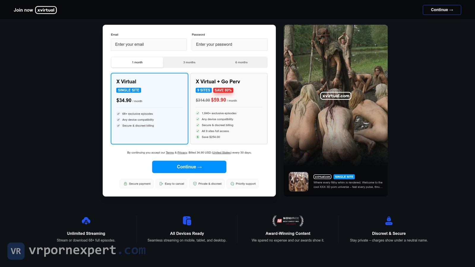X Virtual join page with 1, 3 and 6 month tabs, the $34.90 single site card and the $59.90 Go Perv 9-site bundle